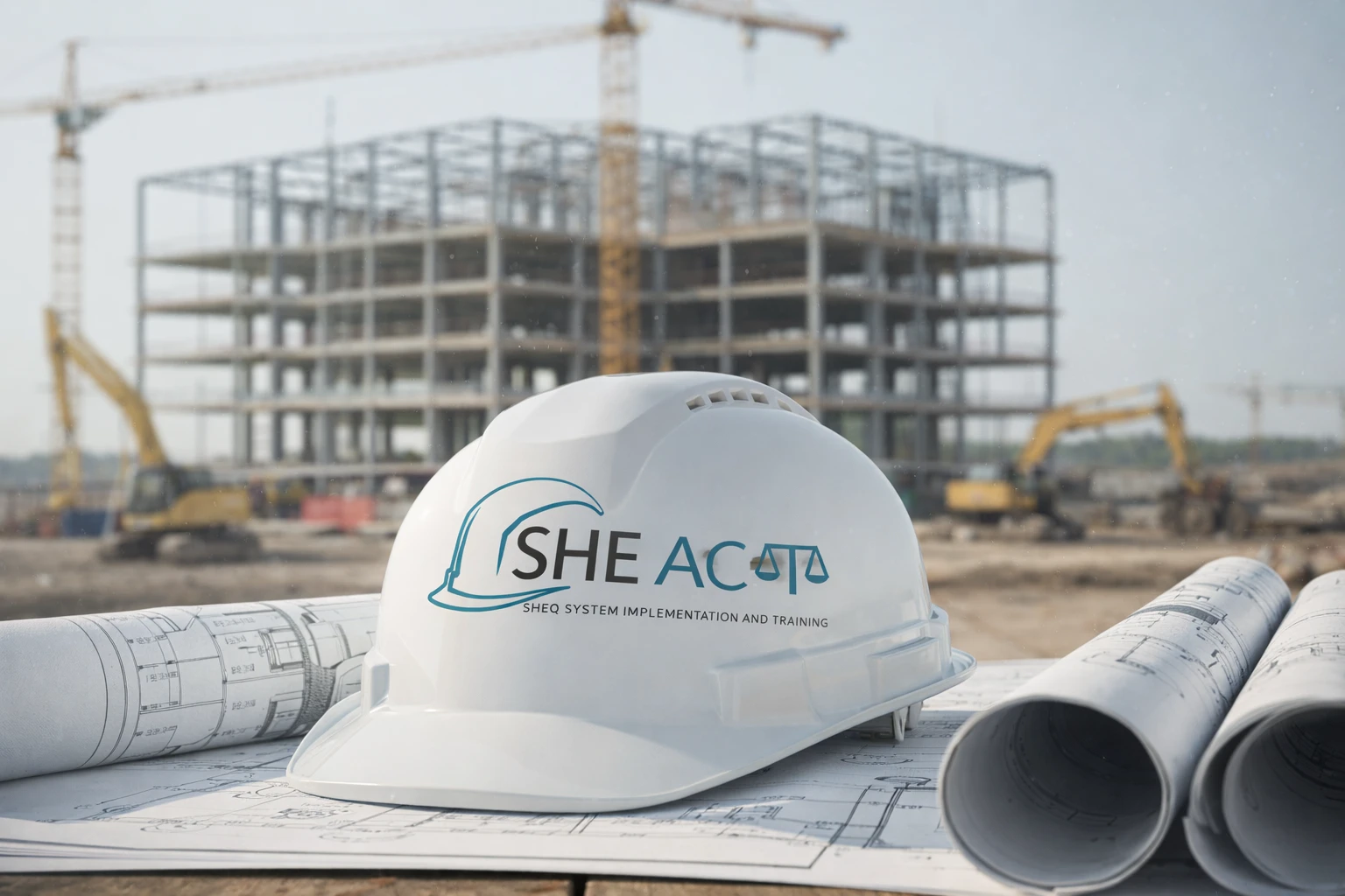 SHEAct hard hat and construction plans on a building site
